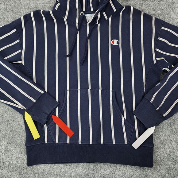 Champion Hoodie Womens Medium Blue Stripe Reverse Weave Heavyweight Sweatshirt - Picture 10 of 16